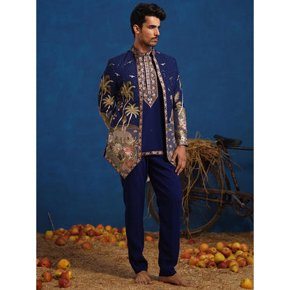 KALPRAAG Forest Navy Blue Jodhpuri Jacket With Short Kurta And Pant
