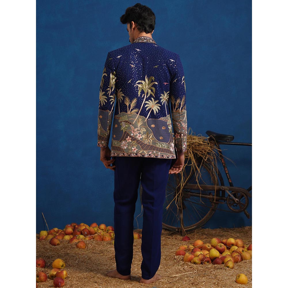 KALPRAAG Forest Navy Blue Jodhpuri Jacket With Short Kurta And Pant