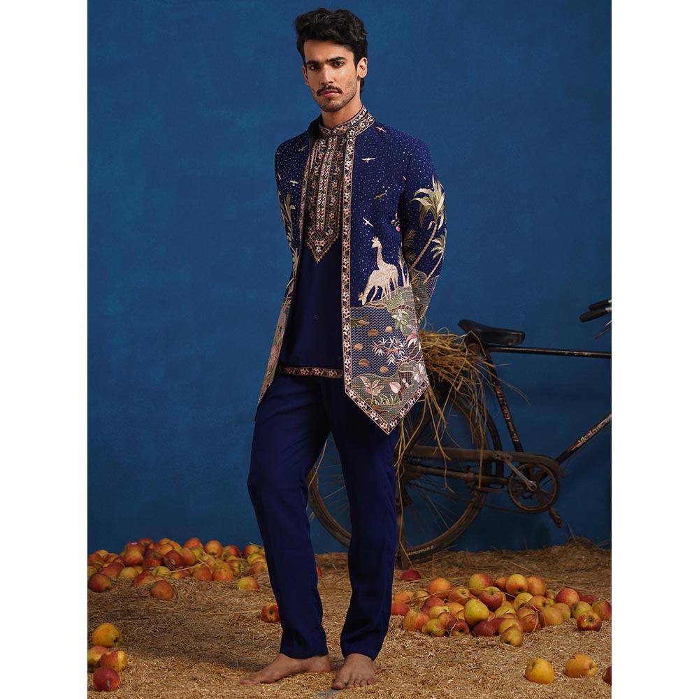 KALPRAAG Forest Navy Blue Jodhpuri Jacket With Short Kurta And Pant