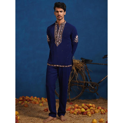 KALPRAAG Forest Navy Blue Jodhpuri Jacket With Short Kurta And Pant