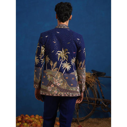 KALPRAAG Forest Navy Blue Jodhpuri Jacket With Short Kurta And Pant