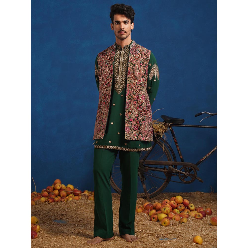 KALPRAAG Gagan Bottel Green Short Kurta With Nehru Jacket And Pant