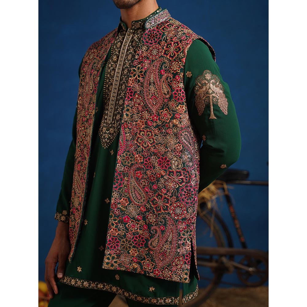 KALPRAAG Gagan Bottel Green Short Kurta With Nehru Jacket And Pant