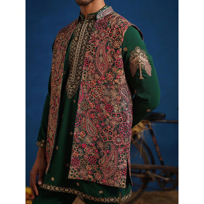 KALPRAAG Gagan Bottel Green Short Kurta With Nehru Jacket And Pant
