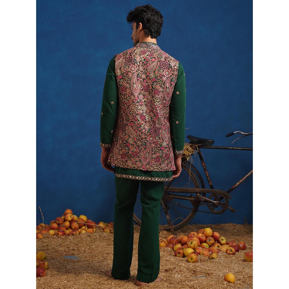KALPRAAG Gagan Bottel Green Short Kurta With Nehru Jacket And Pant
