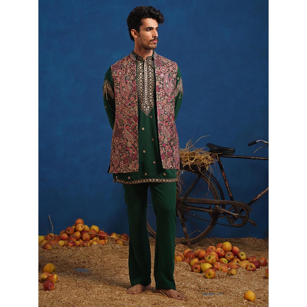 KALPRAAG Gagan Bottel Green Short Kurta With Nehru Jacket And Pant