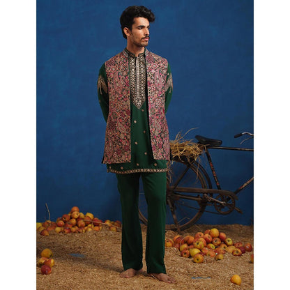 KALPRAAG Gagan Bottel Green Short Kurta With Nehru Jacket And Pant