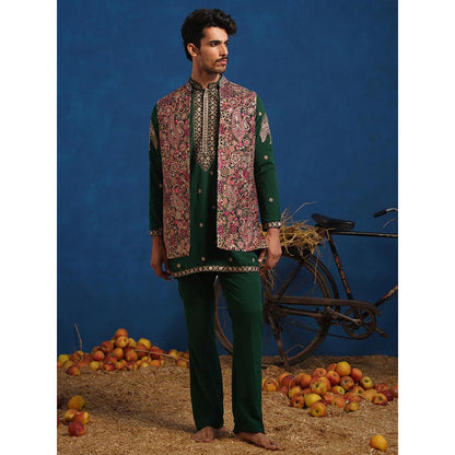 KALPRAAG Gagan Bottel Green Short Kurta With Nehru Jacket And Pant