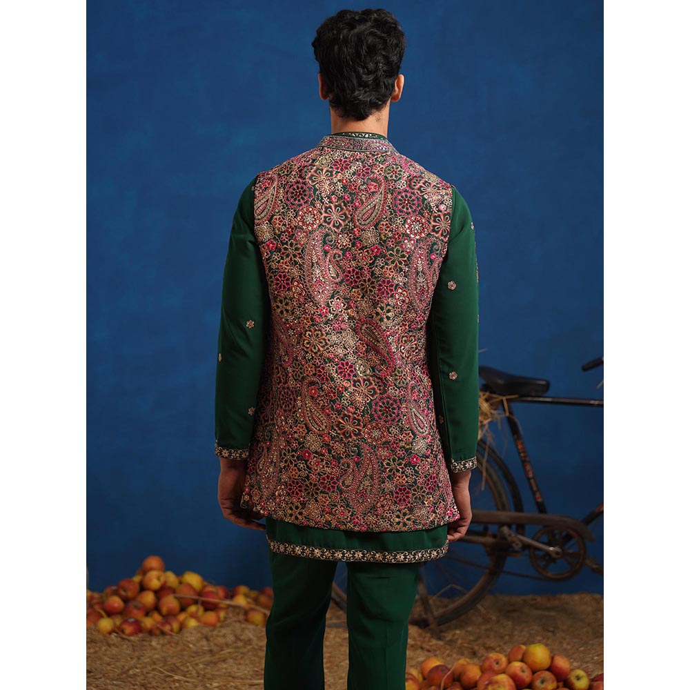KALPRAAG Gagan Bottel Green Short Kurta With Nehru Jacket And Pant