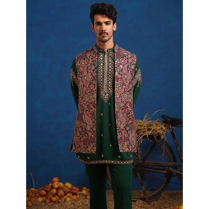KALPRAAG Gagan Bottel Green Short Kurta With Nehru Jacket And Pant