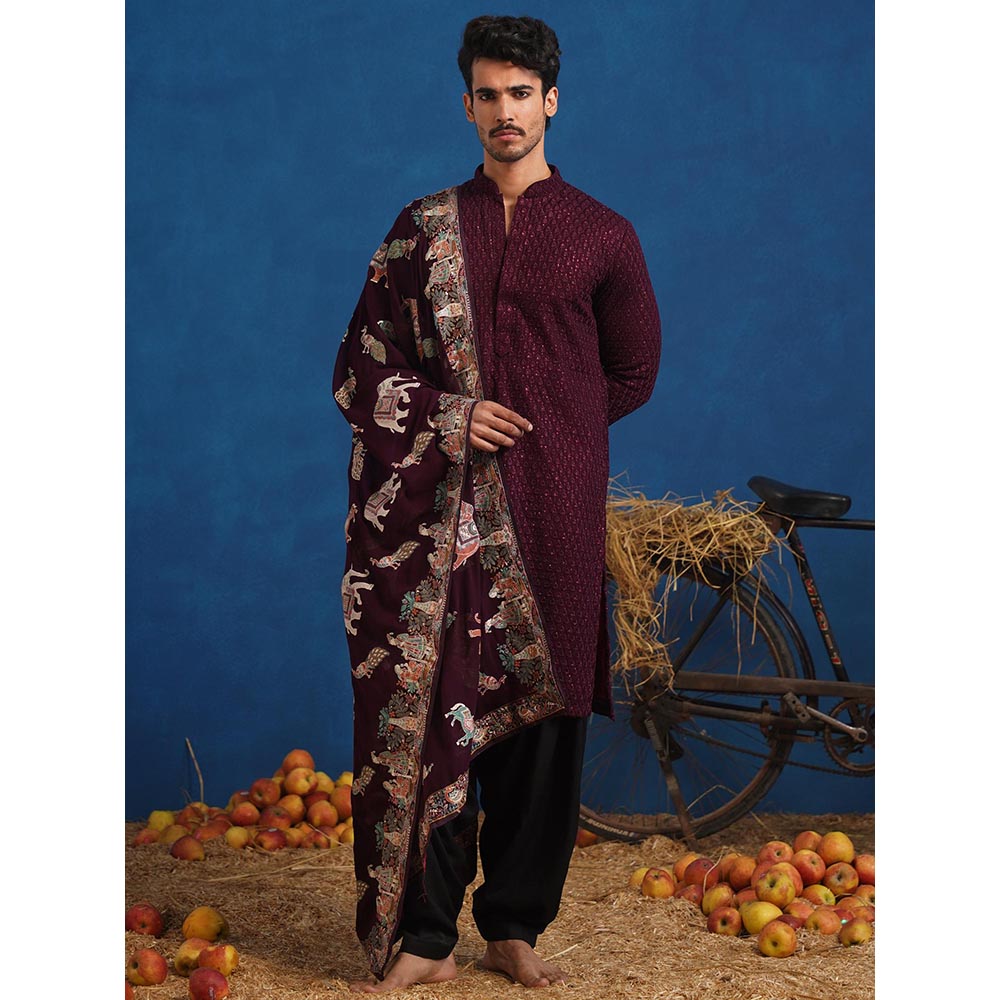 KALPRAAG Lokesh Wine Kurta With Patiala And Dupatta