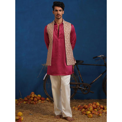 KALPRAAG Trilok Pink Short Kurta With Nehru Jacket And Dupatta