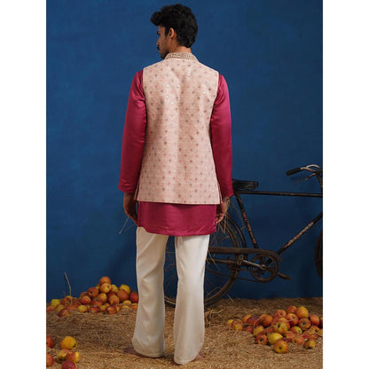 KALPRAAG Trilok Pink Short Kurta With Nehru Jacket And Dupatta