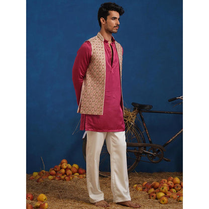 KALPRAAG Trilok Pink Short Kurta With Nehru Jacket And Dupatta