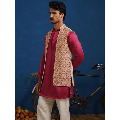 KALPRAAG Trilok Pink Short Kurta With Nehru Jacket And Dupatta