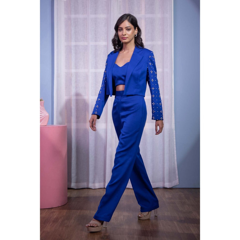 Kanika Verma Blue Short Blazer with Bustier and Pant (Set of 3)