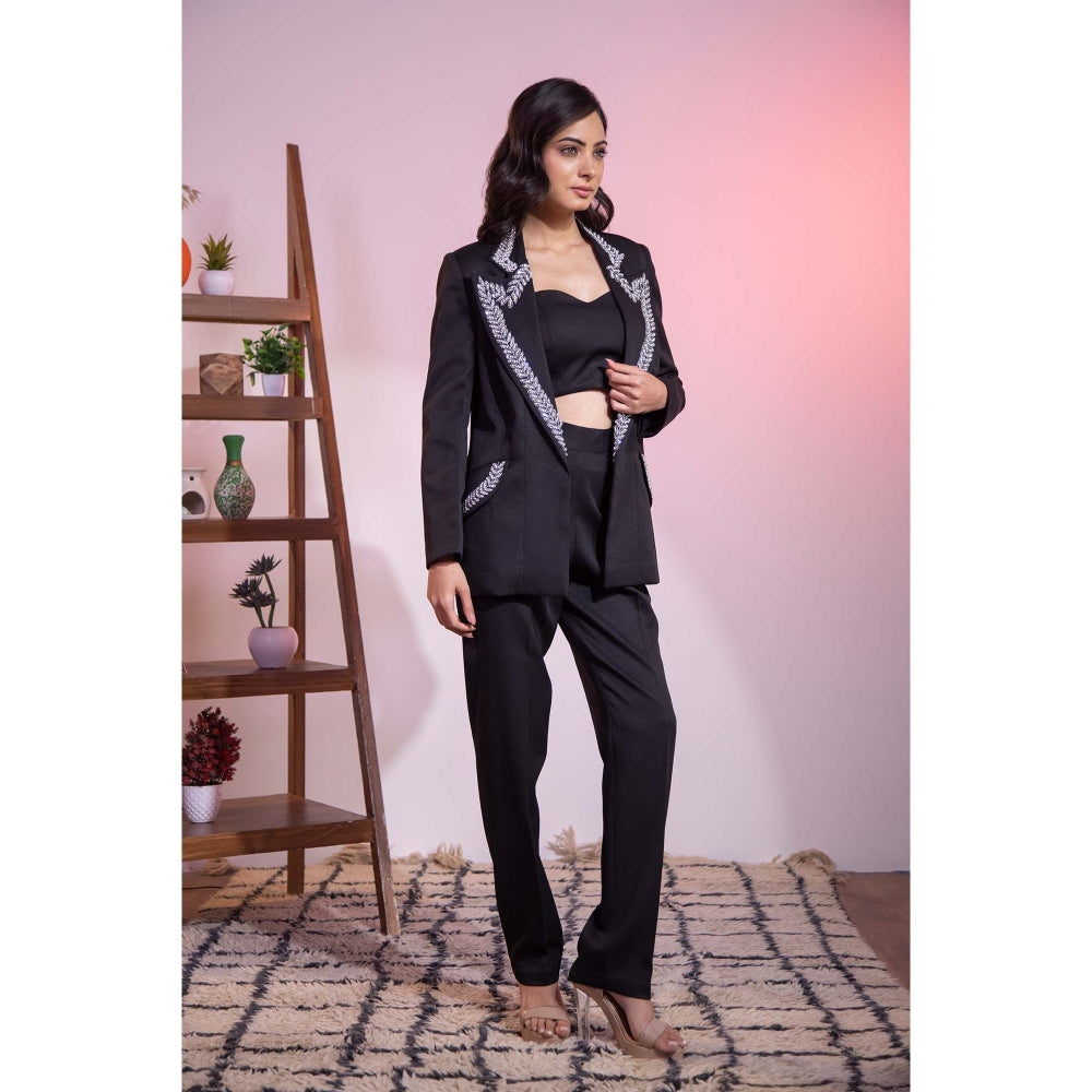 Kanika Verma Black Swarovski Blazer with Bustier and Pant (Set of 3)