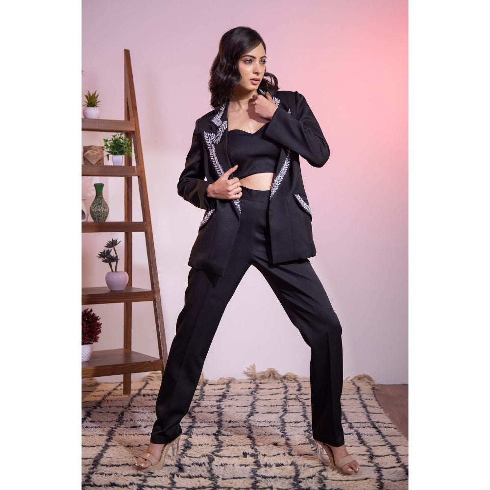 Kanika Verma Black Swarovski Blazer with Bustier and Pant (Set of 3)