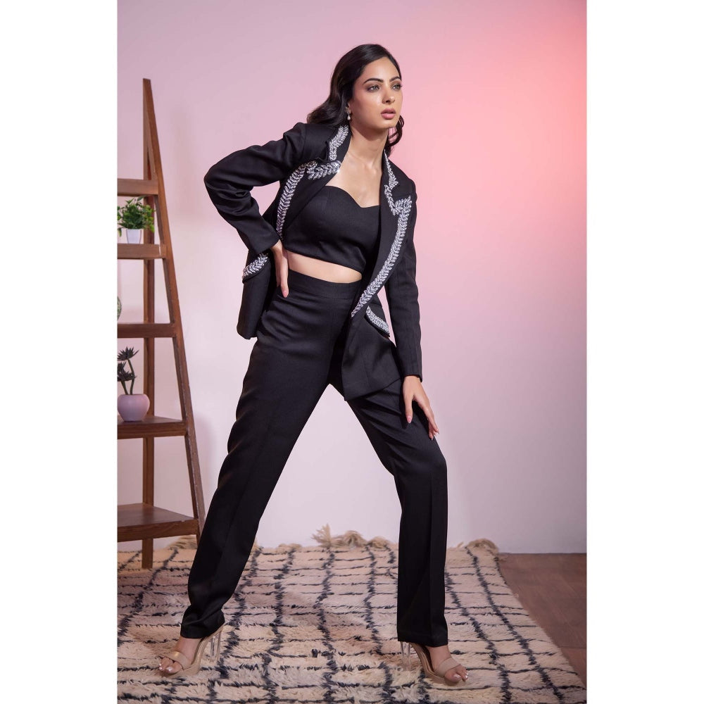 Kanika Verma Black Swarovski Blazer with Bustier and Pant (Set of 3)