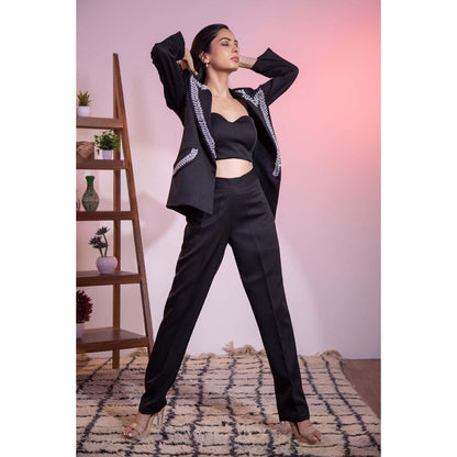 Kanika Verma Black Swarovski Blazer with Bustier and Pant (Set of 3)