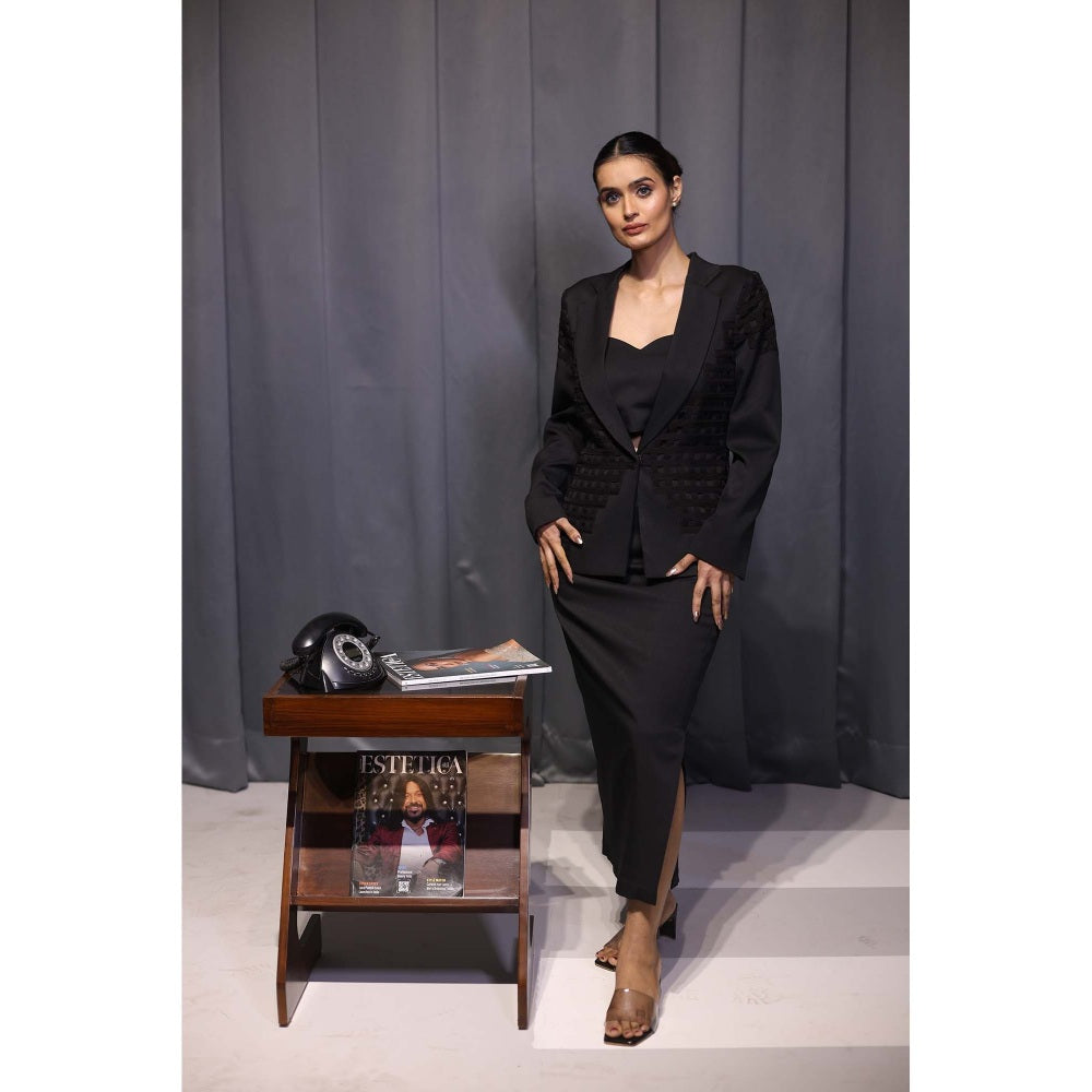 Kanika Verma Black Pleat Blazer with Skirt and Bustier (Set of 3)