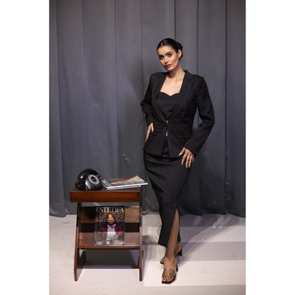 Kanika Verma Black Pleat Blazer with Skirt and Bustier (Set of 3)