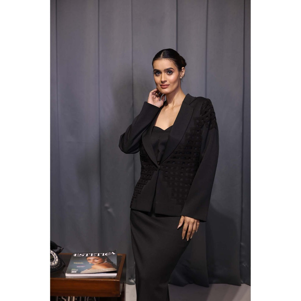 Kanika Verma Black Pleat Blazer with Skirt and Bustier (Set of 3)