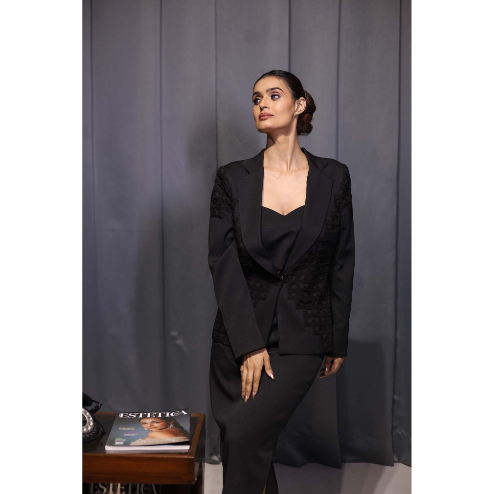 Kanika Verma Black Pleat Blazer with Skirt and Bustier (Set of 3)