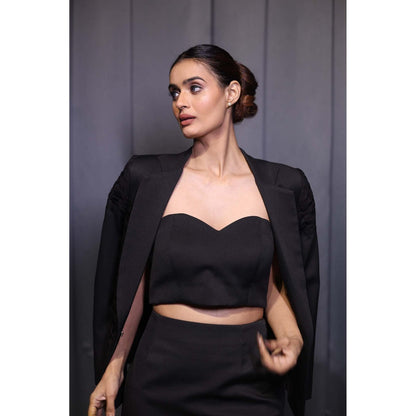 Kanika Verma Black Pleat Blazer with Skirt and Bustier (Set of 3)