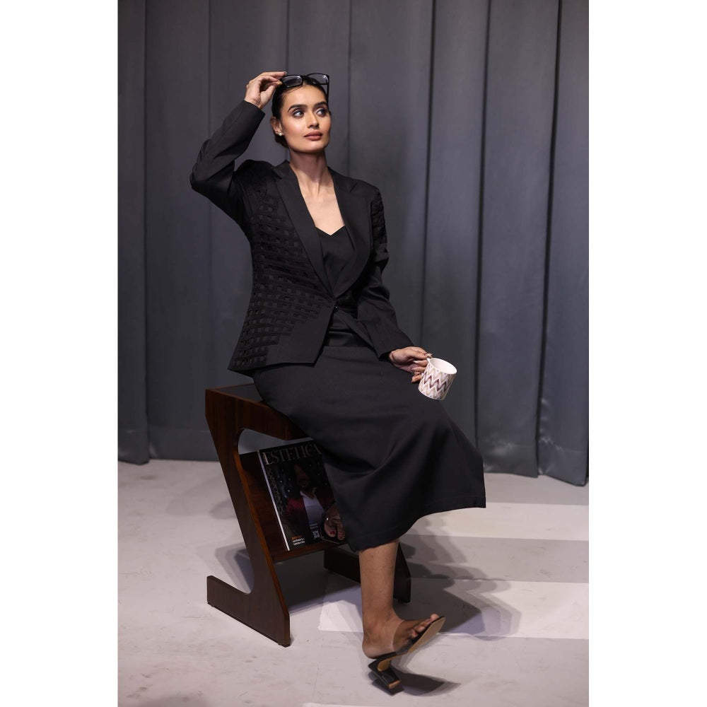 Kanika Verma Black Pleat Blazer with Skirt and Bustier (Set of 3)
