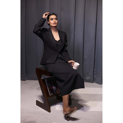 Kanika Verma Black Pleat Blazer with Skirt and Bustier (Set of 3)