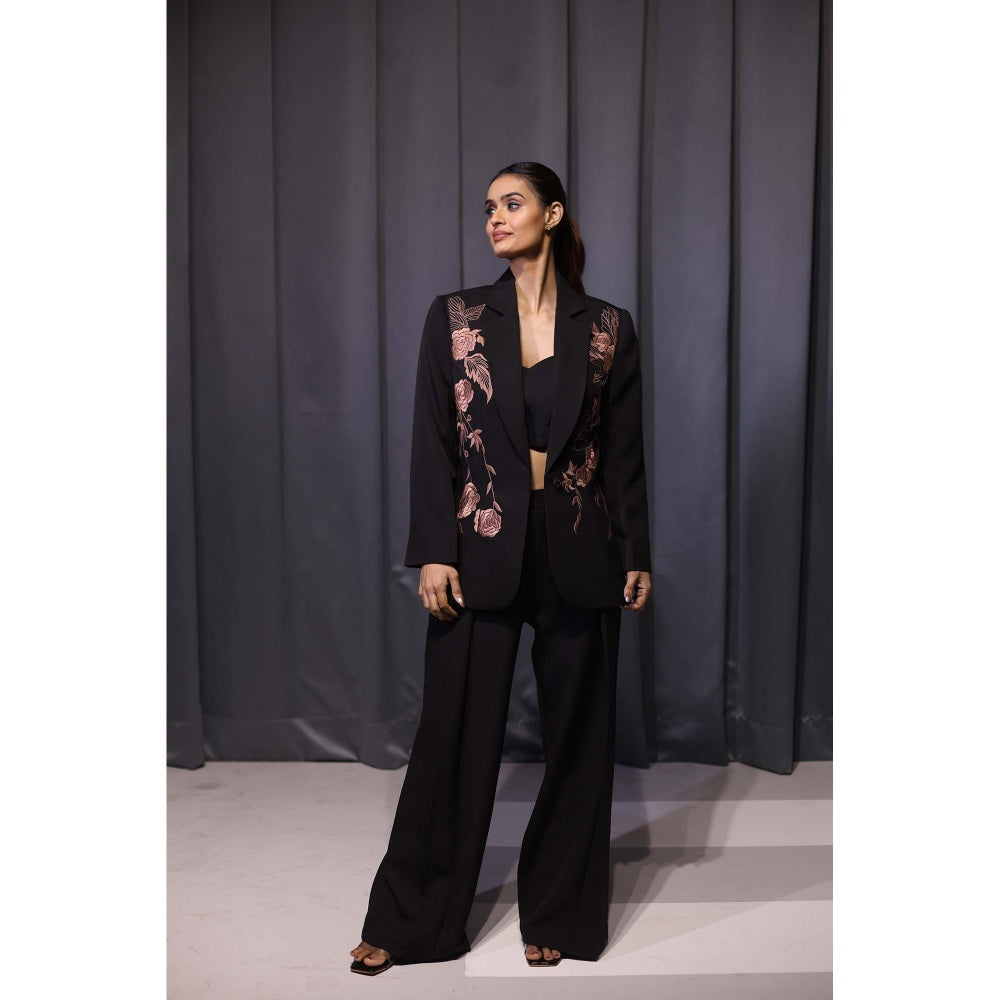 Kanika Verma Black Thread Work Blazer with Bustier and Pant (Set of 3)