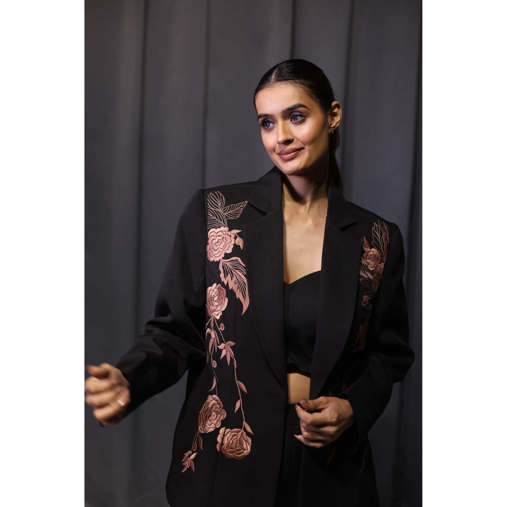 Kanika Verma Black Thread Work Blazer with Bustier and Pant (Set of 3)