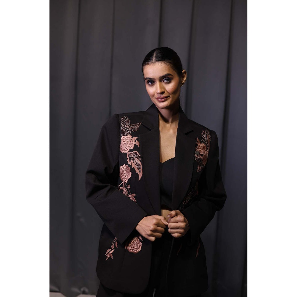 Kanika Verma Black Thread Work Blazer with Bustier and Pant (Set of 3)