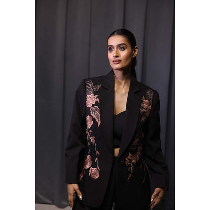 Kanika Verma Black Thread Work Blazer with Bustier and Pant (Set of 3)