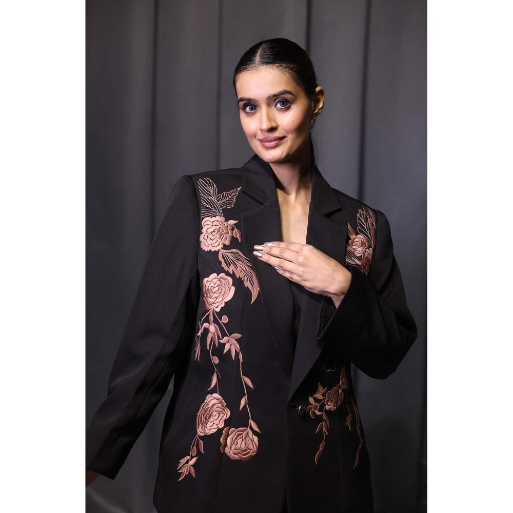 Kanika Verma Black Thread Work Blazer with Bustier and Pant (Set of 3)