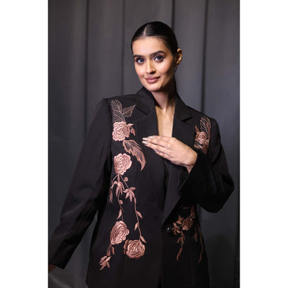 Kanika Verma Black Thread Work Blazer with Bustier and Pant (Set of 3)