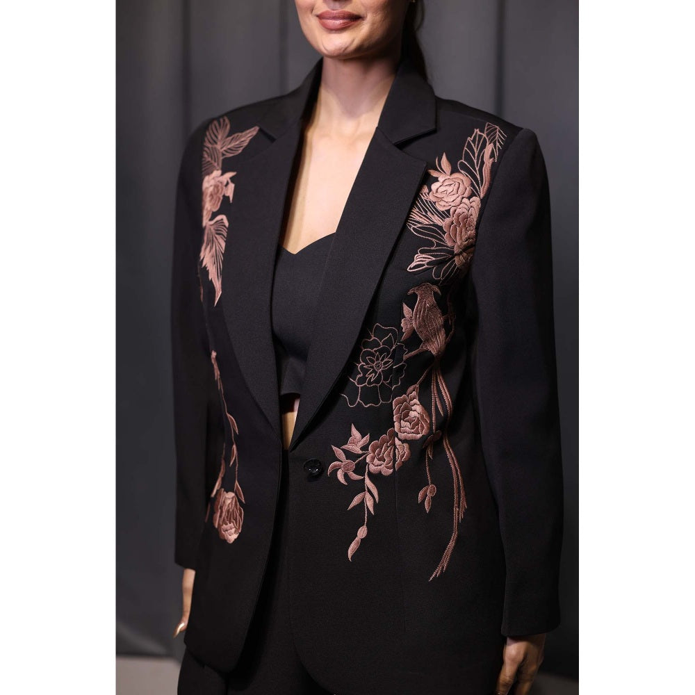 Kanika Verma Black Thread Work Blazer with Bustier and Pant (Set of 3)