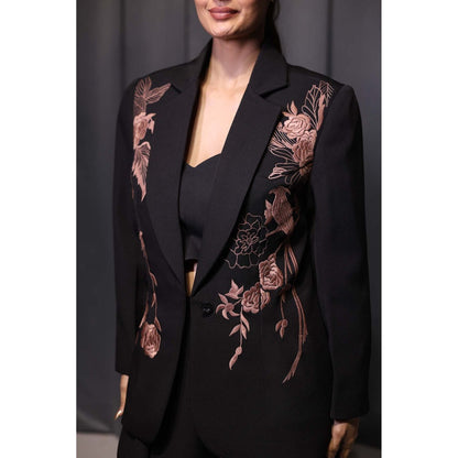 Kanika Verma Black Thread Work Blazer with Bustier and Pant (Set of 3)