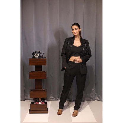 Kanika Verma Black Stone Blazer with Bustier and Pant (Set of 3)