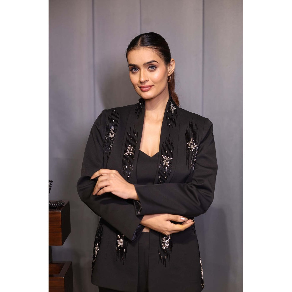 Kanika Verma Black Stone Blazer with Bustier and Pant (Set of 3)
