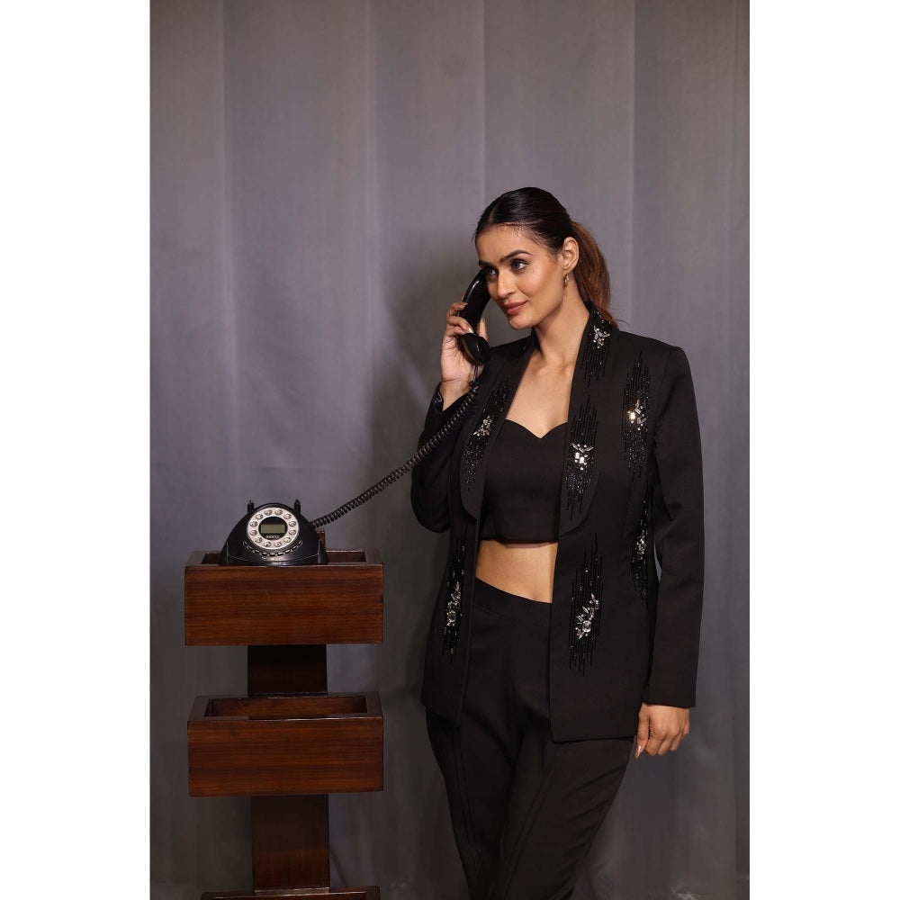 Kanika Verma Black Stone Blazer with Bustier and Pant (Set of 3)