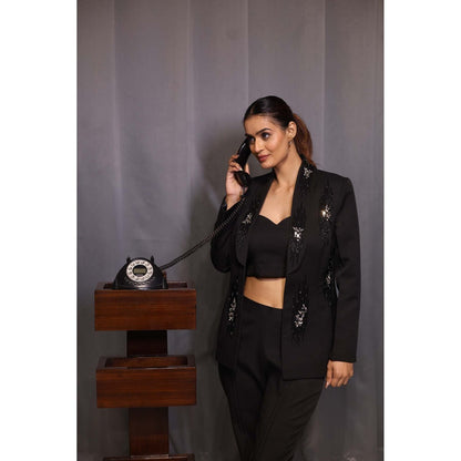 Kanika Verma Black Stone Blazer with Bustier and Pant (Set of 3)