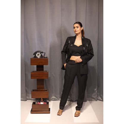 Kanika Verma Black Stone Blazer with Bustier and Pant (Set of 3)