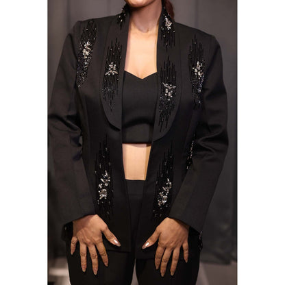 Kanika Verma Black Stone Blazer with Bustier and Pant (Set of 3)