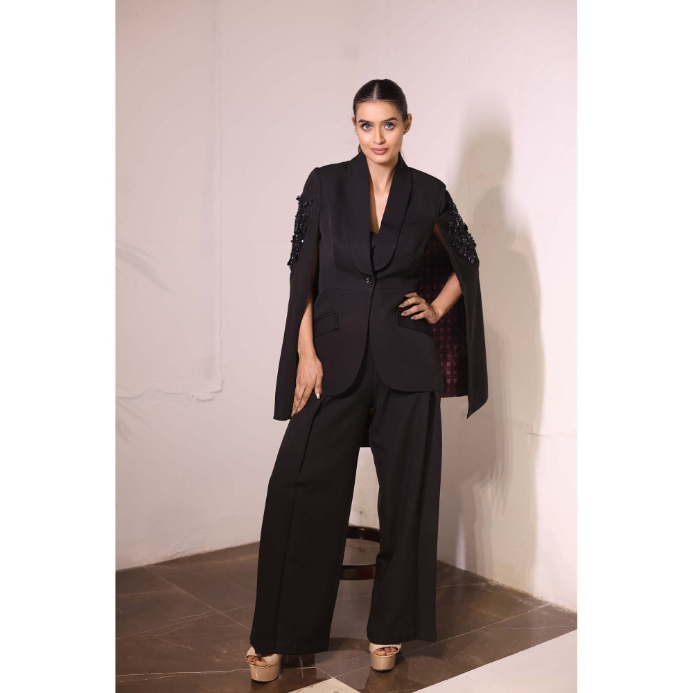 Kanika Verma Black Cape Sleeve Blazer with Bustier and Pant (Set of 3)