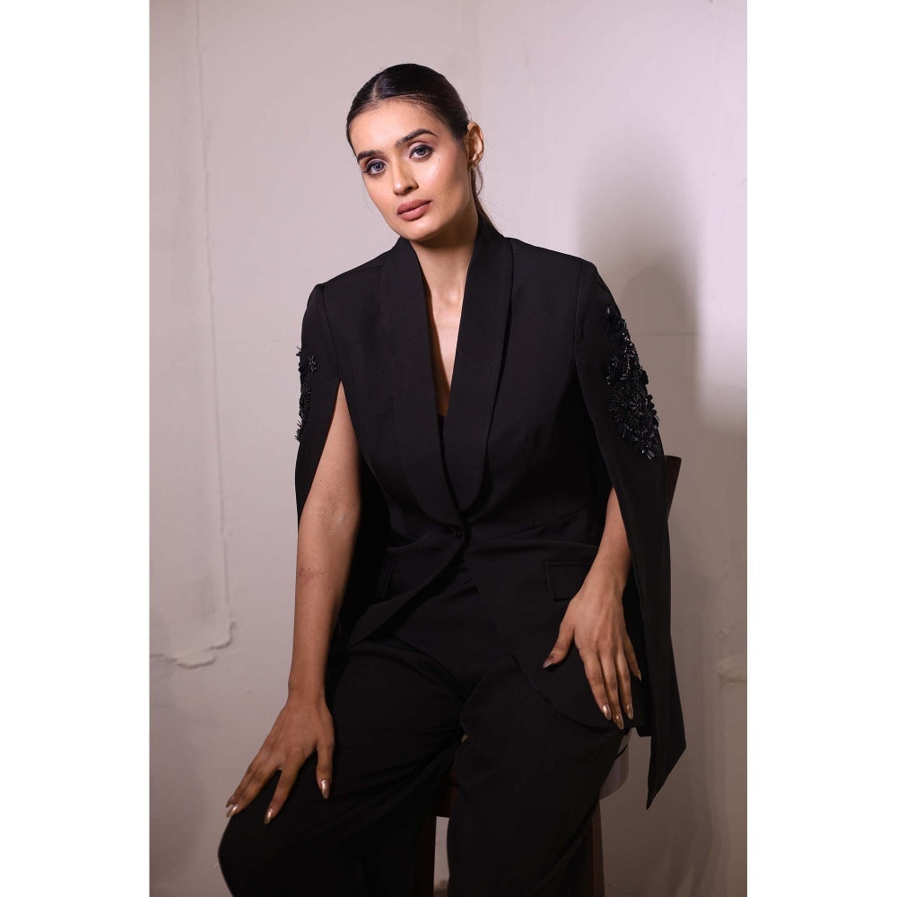 Kanika Verma Black Cape Sleeve Blazer with Bustier and Pant (Set of 3)