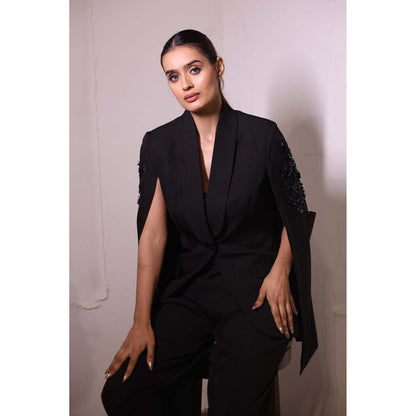 Kanika Verma Black Cape Sleeve Blazer with Bustier and Pant (Set of 3)