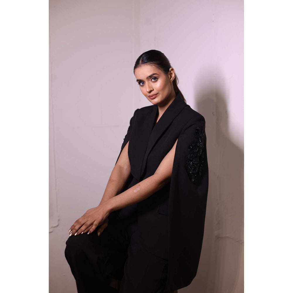Kanika Verma Black Cape Sleeve Blazer with Bustier and Pant (Set of 3)