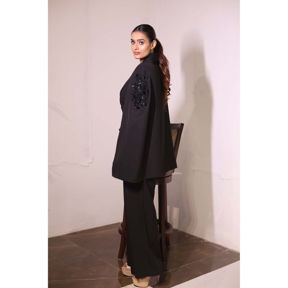 Kanika Verma Black Cape Sleeve Blazer with Bustier and Pant (Set of 3)